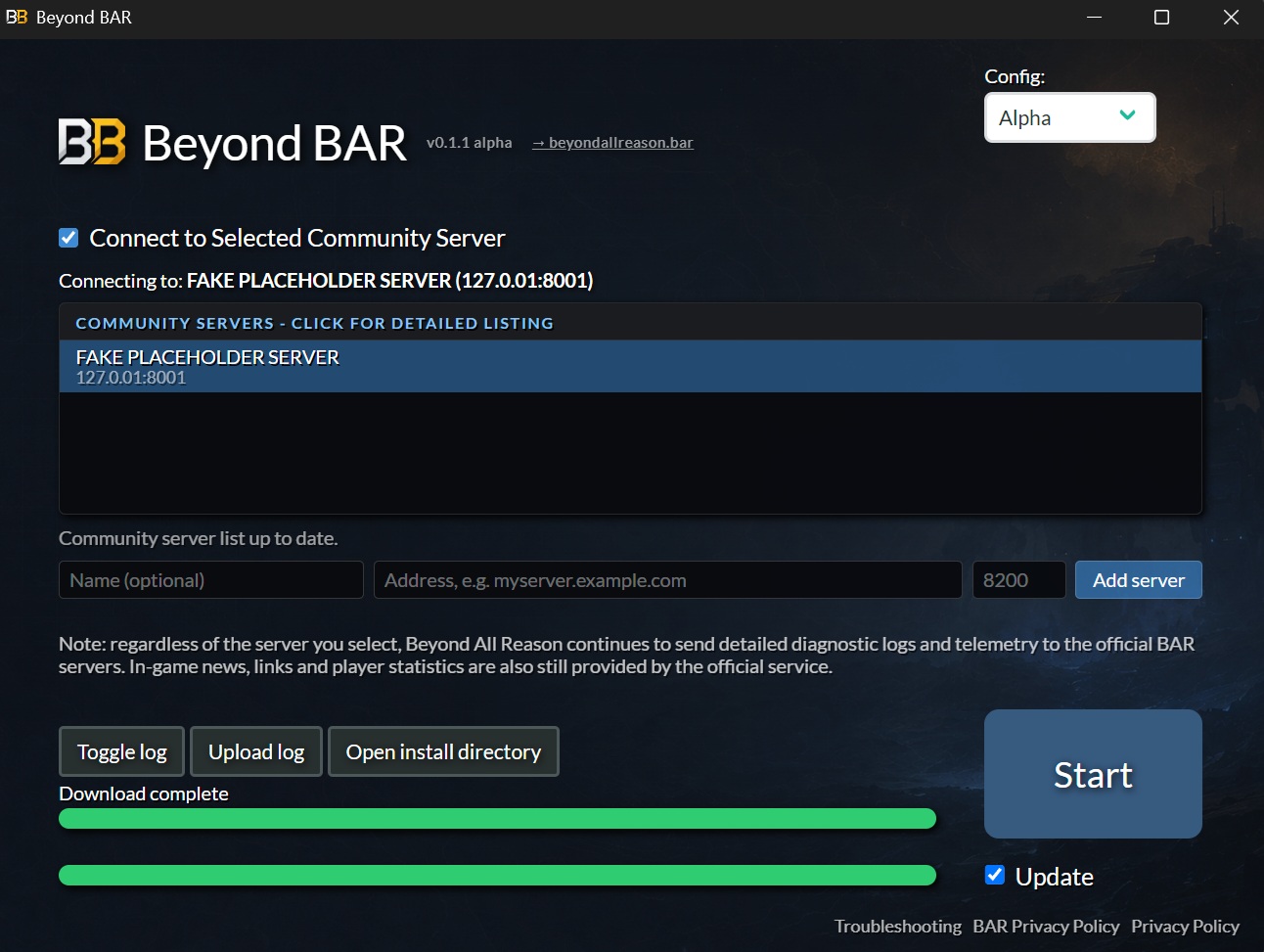 Beyond BAR launcher showing server connection choices.